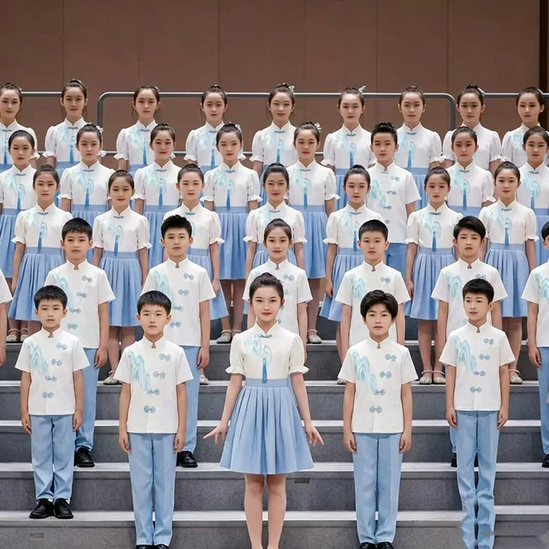 Girls' Chinese Style Blue Performance Dress for Choir, Speech, and Pageants