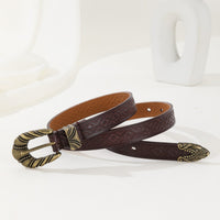 Women's Vintage Embossed Leather Belt with Carved Buckle, Adjustable Multi-Hole Design