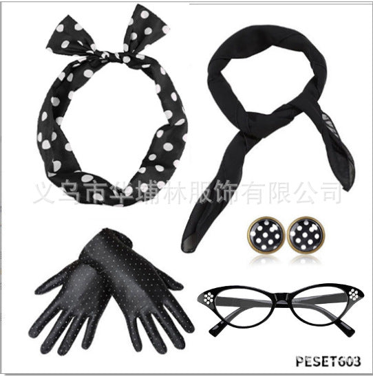 1950s Women's Costume Party Accessories Set - Headband, Glasses, Scarf, Necklace, Earrings