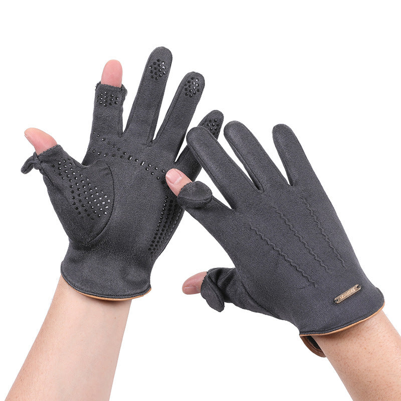 Suede Warm Touchscreen Gloves for Men and Women - Winter Outdoor Cycling Driving Half-Finger Flip-Top Design