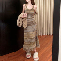 Vintage Knit Mesh Pullover Cardigan with Tassel Skirt Set