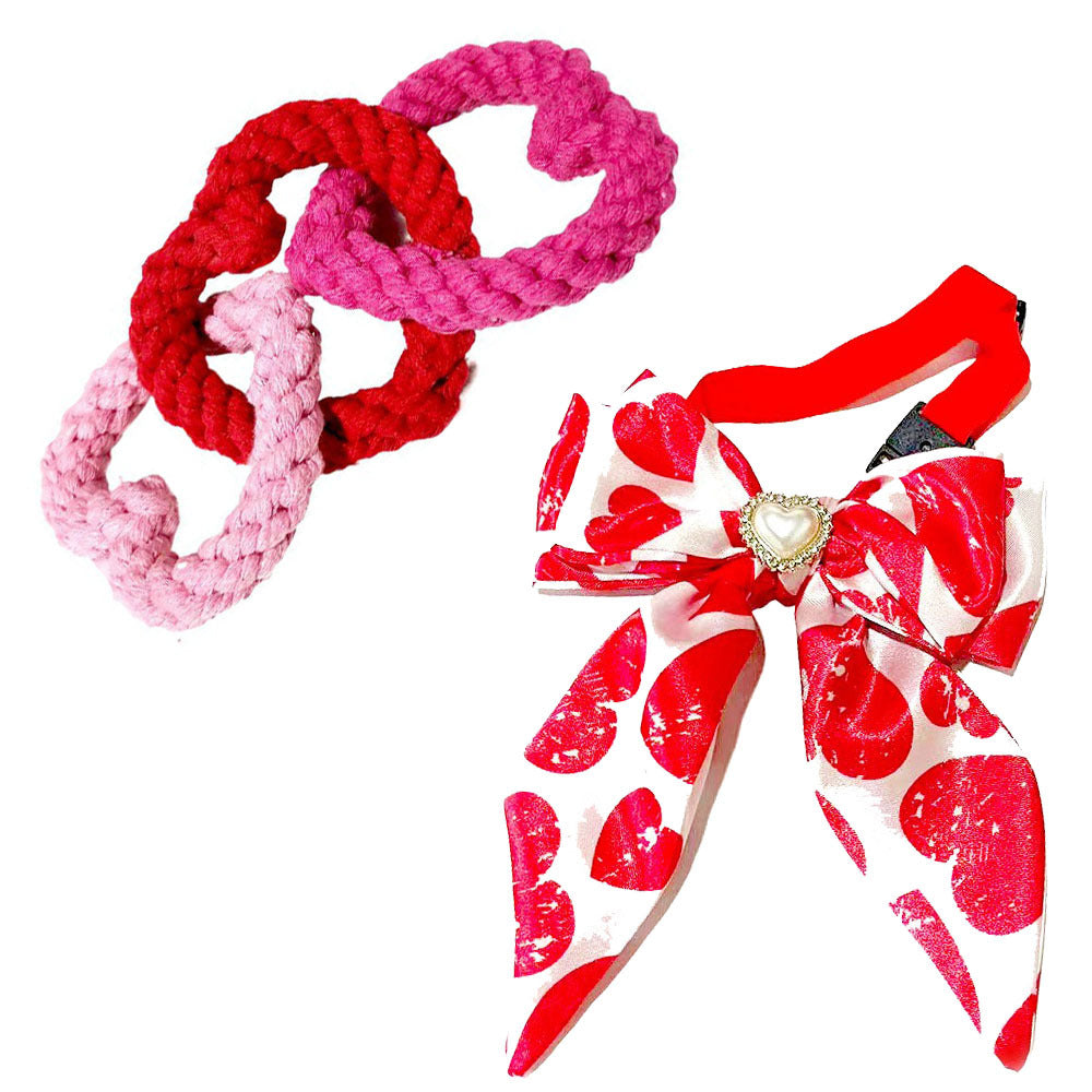 Pet Valentine's Day Bow Tie and Cotton Rope Heart Toy Set for Dogs