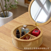 Bamboo Woven Cosmetic Storage Box with Mirror, Wooden Round Desktop Organizer