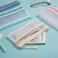 Transparent Double-Layer Nylon Mesh Pencil Pouch with Zipper for Students