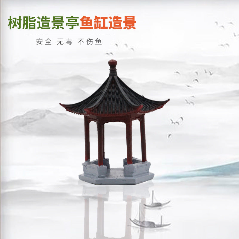 Aquarium Mountain Ornament with Pavilion for Fish Tank Landscaping