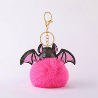 Halloween Colorful Bat Pom Pom Keychain Plush Bag Charm Car Accessory