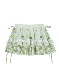 Korean Style Lace Plaid Tiered A-Line Mini Skirt with Lining and Tie Detail