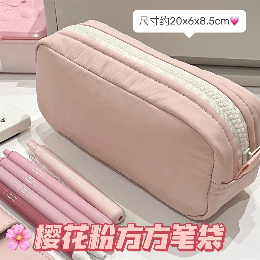 Minimalist Cherry Blossom Pink Square Pencil Case, Solid Color, High-Capacity Multi-Layer Stationery Organizer for Students