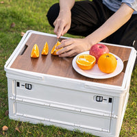 Outdoor Camping Storage Box with Wooden Lid, Foldable Car Trunk Organizer, Large Capacity Side-Opening Container
