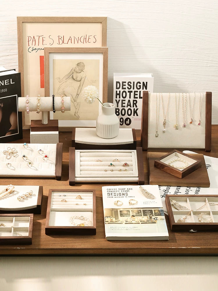 Walnut & Linen Jewelry Display Stand for Necklaces, Bracelets, Earrings, Rings