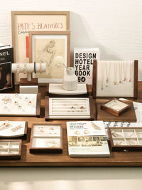 Walnut & Linen Jewelry Display Stand for Necklaces, Bracelets, Earrings, Rings