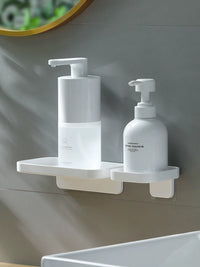 Wall-Mounted Punch-Free Bathroom Organizer with Toothbrush Holder and Liquid Soap Dispenser