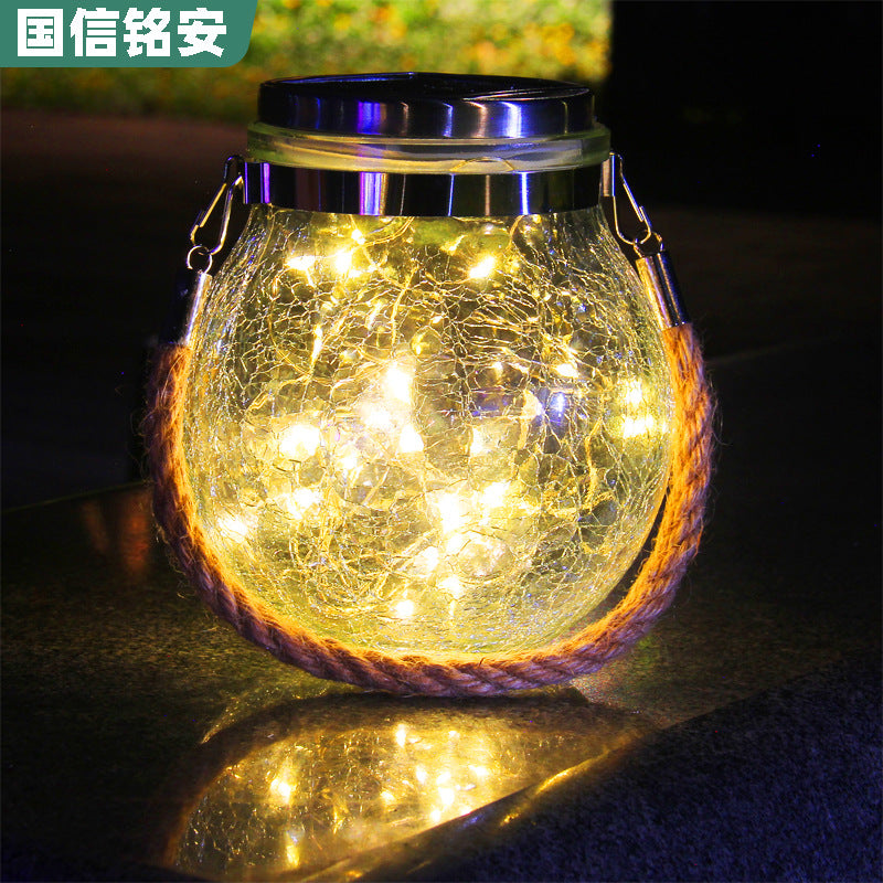 Solar Crackle Glass Jar Hanging Lantern with LED Lights for Outdoor Garden Patio Decor