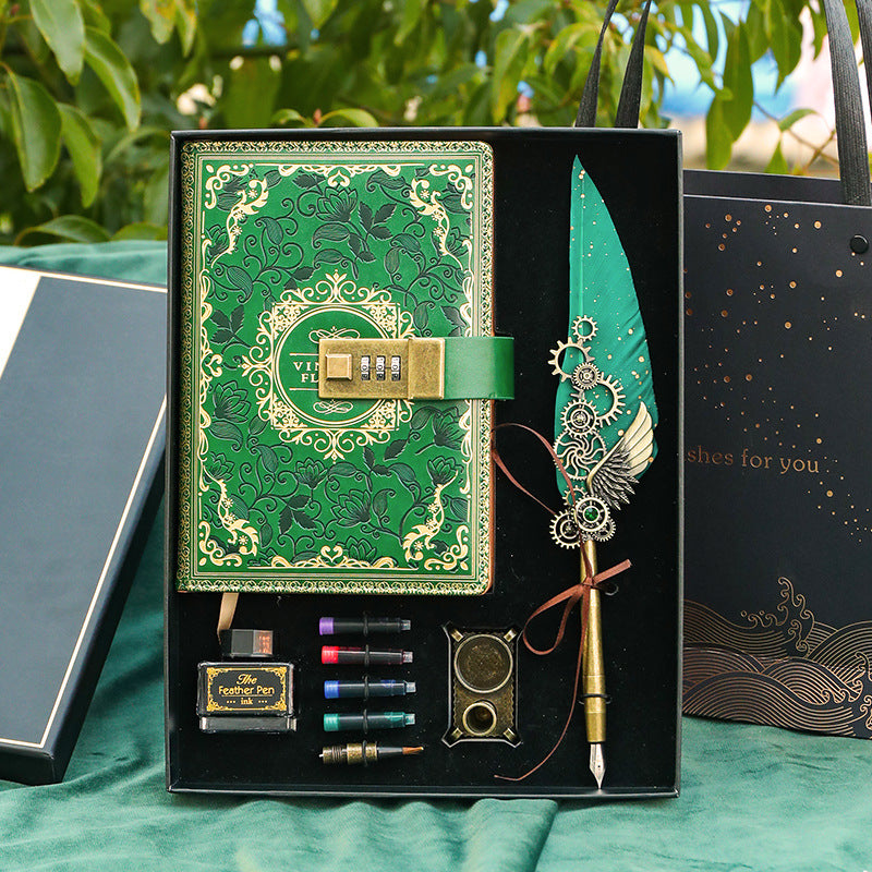 European Vintage Feather Dip Pen & Notebook Gift Set with Password Lock