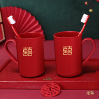 Wedding Bathroom Set with Toothbrush Holders, Cups, and Soap Dish - Red Bridal Essentials