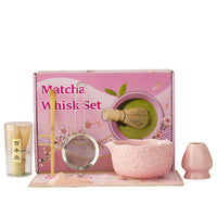 Japanese Ceramic Sakura Embossed Matcha Bowl Set with Spout and Whisk Tools