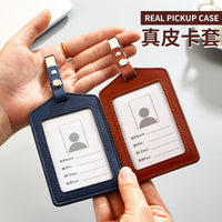 Genuine Leather ID Card Holder Vertical Badge Lanyard for Work Office School