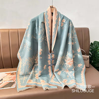 Winter Ethnic Style Jacquard Scarf with Frog Buttons, Double-Sided Thickened Warm Shawl