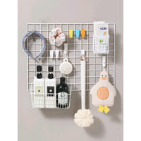 Wall Grid Panel Storage Basket & Hooks for Photo Display & Dorm Decor, No-Drill Iron Wire Mesh Organizer