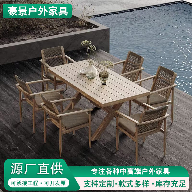 Outdoor Teak Dining Set with Rattan Weave Chairs for Patio Garden Villa