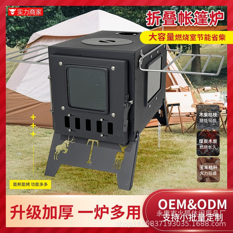 Portable Outdoor Camping Wood Stove with Side Glass for Tent Heating and BBQ