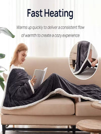 Wearable Flannel Heated Blanket with Sleeves, Lamb Velvet Electric Throw for Home and Office