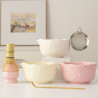 Japanese Ceramic Sakura Embossed Matcha Bowl Set with Spout and Whisk Tools