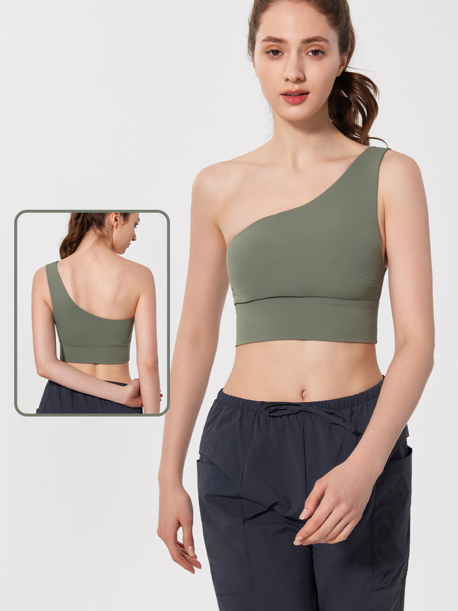 Women's One-Shoulder Sports Bra Shockproof Gathered Yoga Vest Backless Training Top