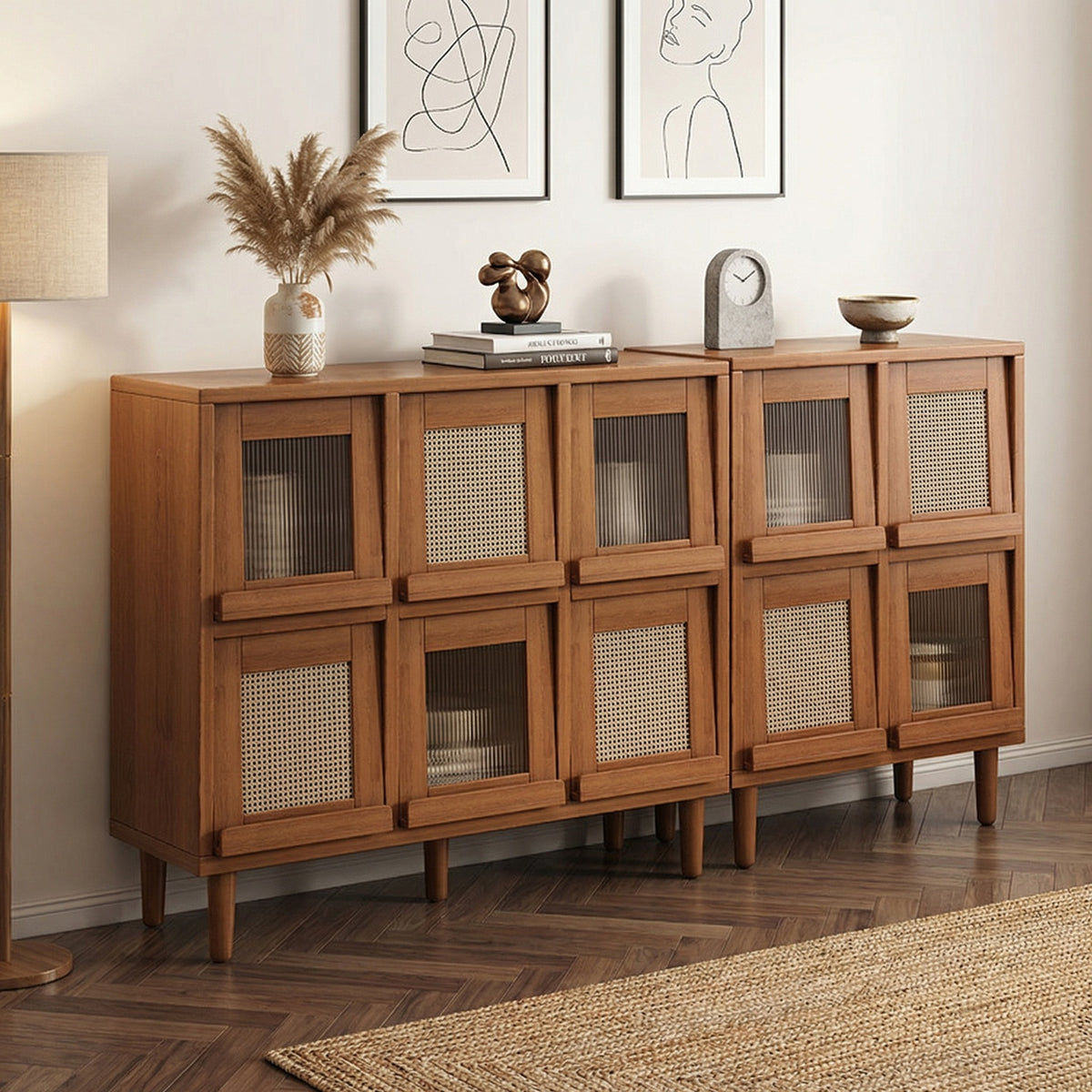 Solid Wood Bookshelf with Legs, Walnut Finish, Grid Storage Cabinet for Living Room