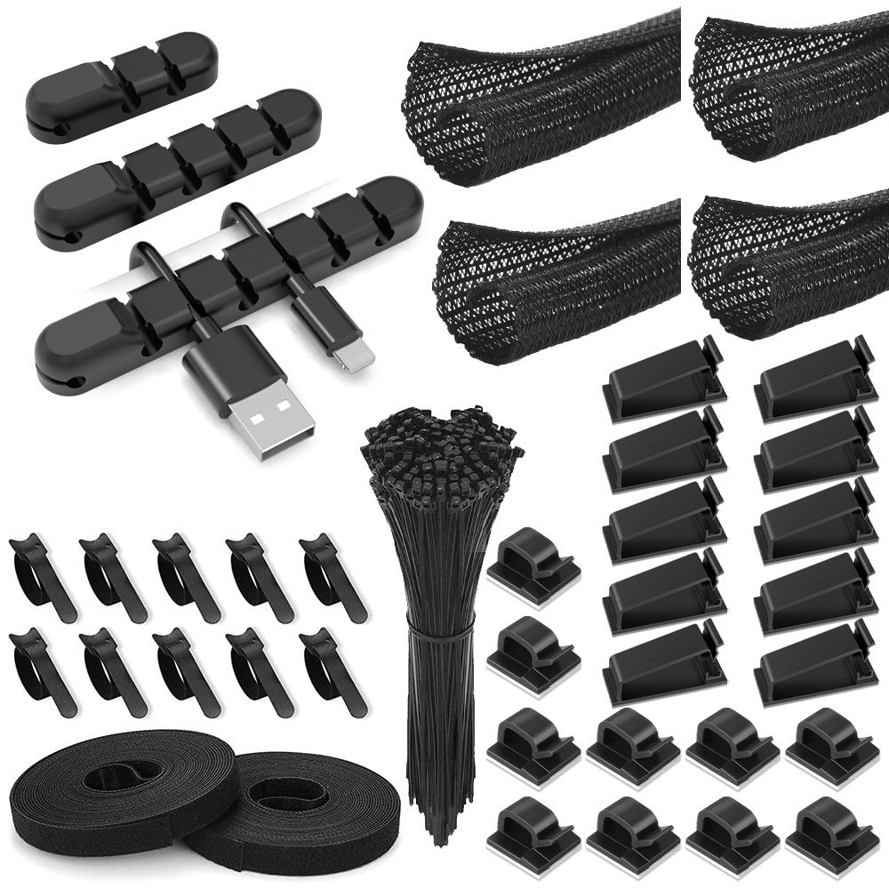 Self-Rolling Braided Cable Sleeve Organizer Kit with Adhesive Cable Clips and Reusable Fastening Ties for Home Office