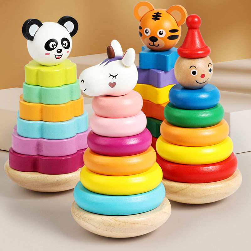 Wooden Rainbow Stacking Rings Toy for Kids, Early Education Animal Recognition Stacker