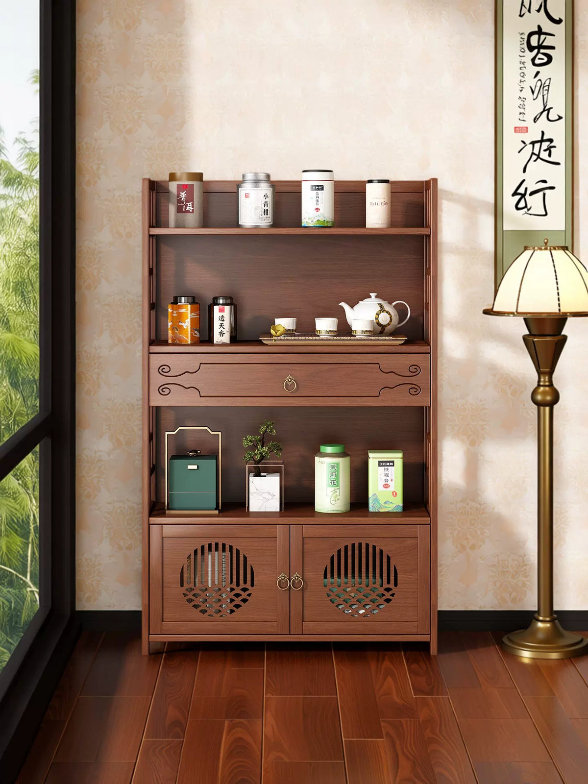 New Chinese Solid Wood Display Shelf Multi-layer Storage Cabinet for Living Room Teahouse