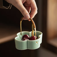 Chinese Ceramic Divided Snack Plate with Wooden Handle and Serving Bowls