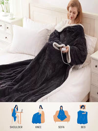 Wearable Flannel Heated Blanket with Sleeves, Lamb Velvet Electric Throw for Home and Office