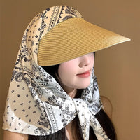 Women's Floral Straw Sun Hat with Neck Flap - Wide Brim UV Protection Outdoor Scarf Hat