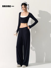 Naiqiao Women's Yoga Set with Chest Pads, High-End Sports Wear, Pilates Fitness Long-Sleeved Top & Wide-Leg Pants