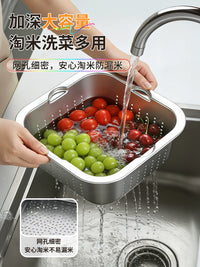 Jia Bang Shou 304 Stainless Steel Colander and Basin Set, Multi-functional Rice Washer and Vegetable Strainer
