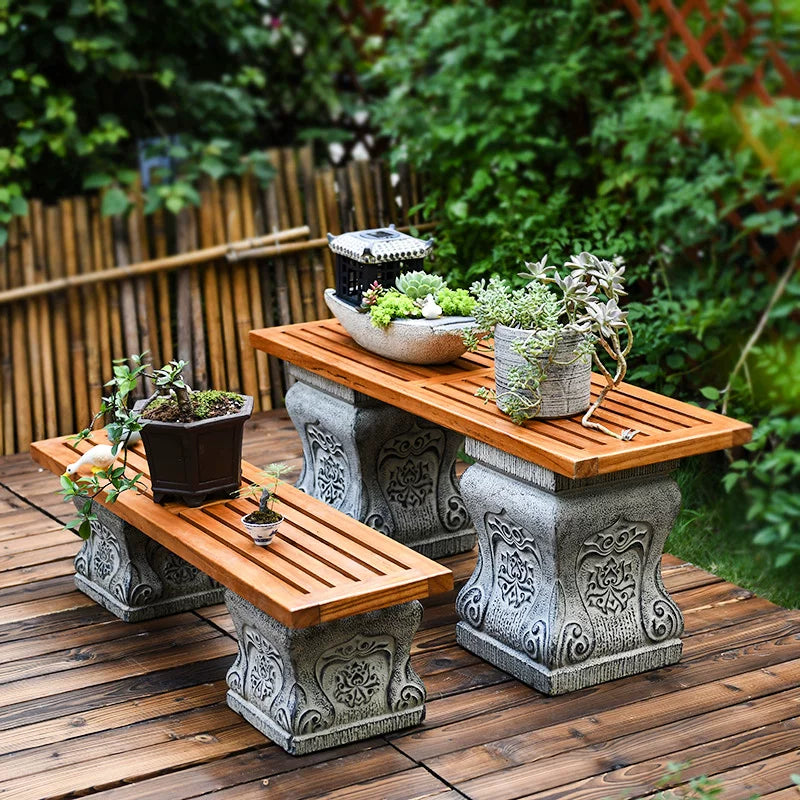 Chinese Style Artificial Stone Pedestal Garden Decor Wooden Flower Stand