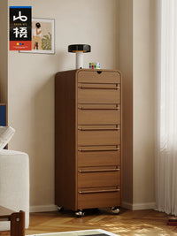 Vintage Chinese Style Solid Wood 7-Drawer Cabinet with Wheels, Narrow Storage Chest for Living Room