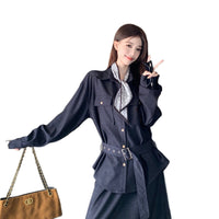 Plus Size Lycra Denim Lapel Long Sleeve Shirt & Tie-Waist Two-Piece Set with Scarf