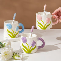 Colorful Tulip Ceramic Mug with Spoon, Underglaze Water Cup, Teacher's Day Gift for Women