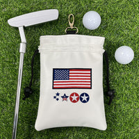 Golf Drawstring PU Ball Pouch with USA Skull Embroidery, Waterproof & Portable
