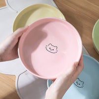 Ceramic Pet Bowl Shallow Dish for Cats and Small Dogs, Anti-Tip Glazed Cartoon Design