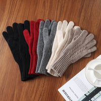 100% Wool Knitted Cable Touchscreen Gloves with Wrist Warmers for Adults