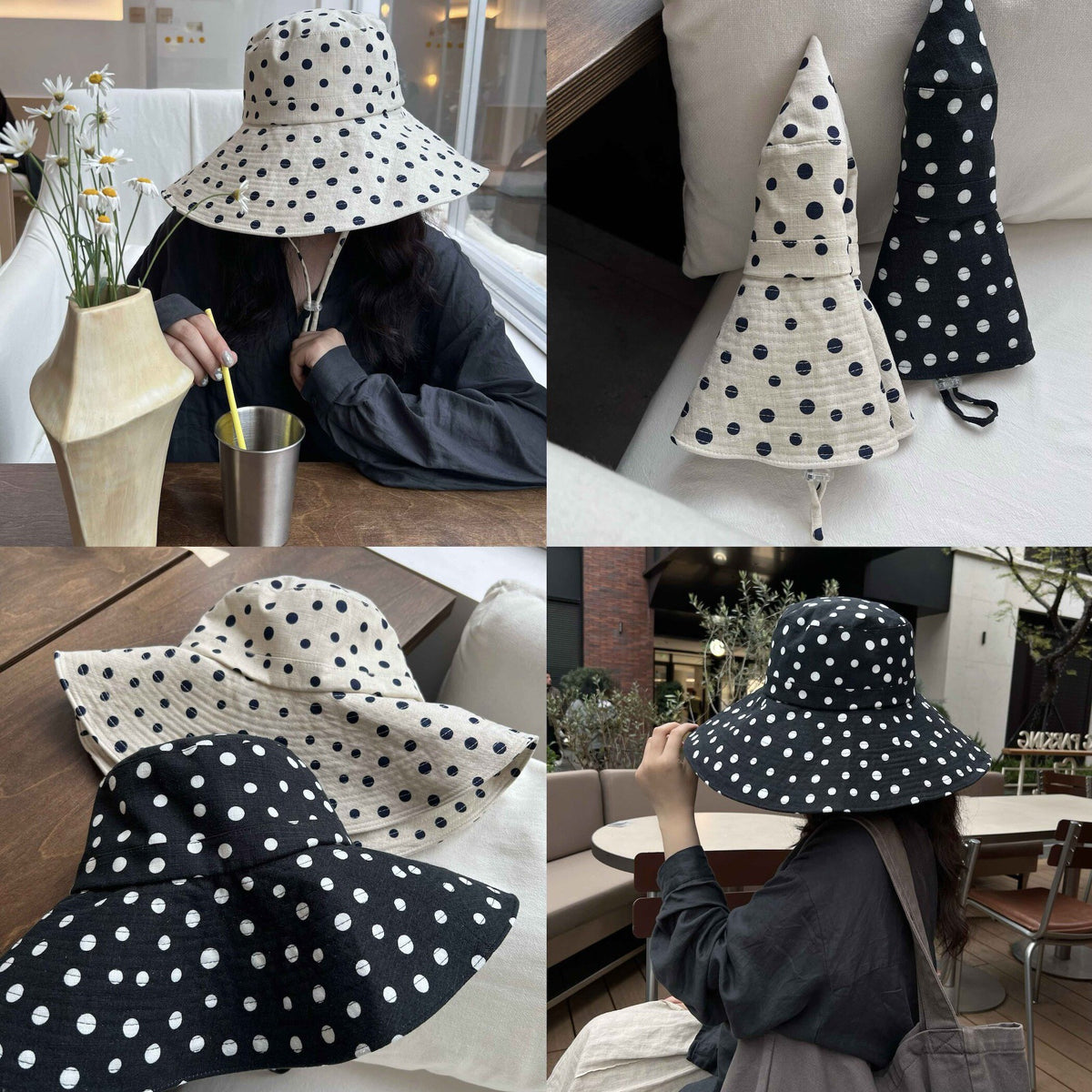 Japanese Style Polka Dot Cotton Linen Sun Hat with Windproof Rope and Wide Brim