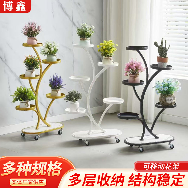 Multi-Tier Rolling Plant Stand for Indoor/Outdoor Use, Iron Art Tree-Shaped Flower Pot Holder