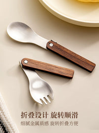 Onlycook Foldable 304 Stainless Steel Spoon and Fork Set with Walnut Handle for Outdoor Camping