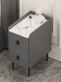 Modern Narrow Solid Wood Nightstand with Smart Rock Slab Top and Multiple Drawers