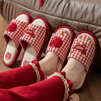 Red Wedding Slippers for Couples - Non-Slip Breathable Linen House Shoes for Bride and Groom