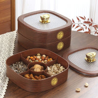 Wood Grain Snack Serving Platter with Lid, Rotating Dried Fruit and Nut Candy Box for Living Room